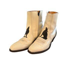 Sears Vintage Mens Hand Painted Coyote Boots Size 8 D Cream Leather Western OOAK